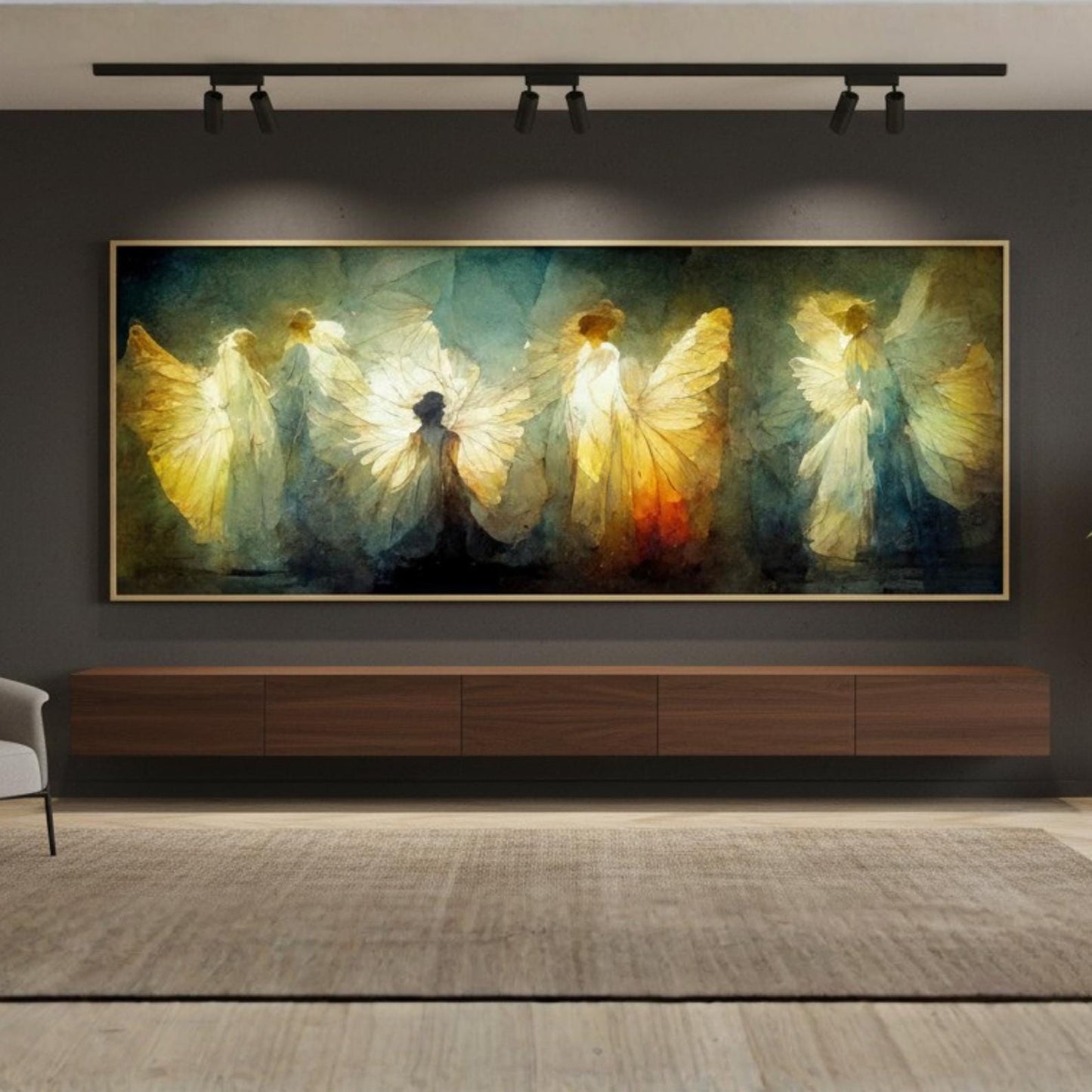 Original Angel Wing Painting, Gold Toned Spiritual Canvas Art