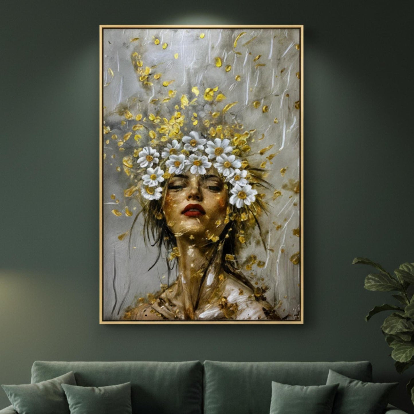 Textured Floral Woman Portrait Painting, Gold Impasto Canvas Art