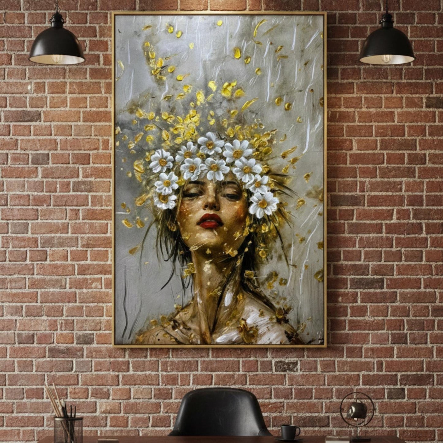 Textured Floral Woman Portrait Painting, Gold Impasto Canvas Art