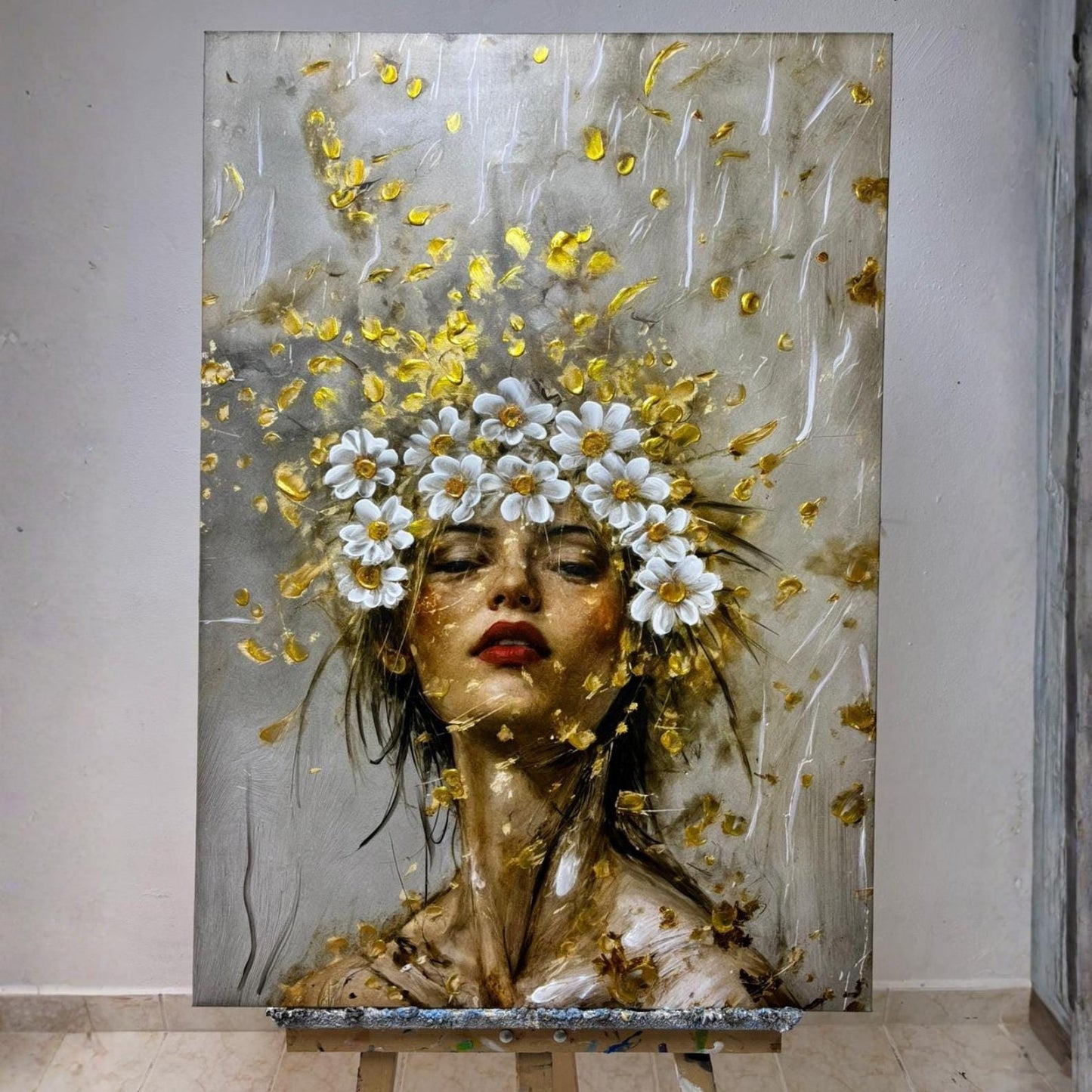 Textured Floral Woman Portrait Painting, Gold Impasto Canvas Art