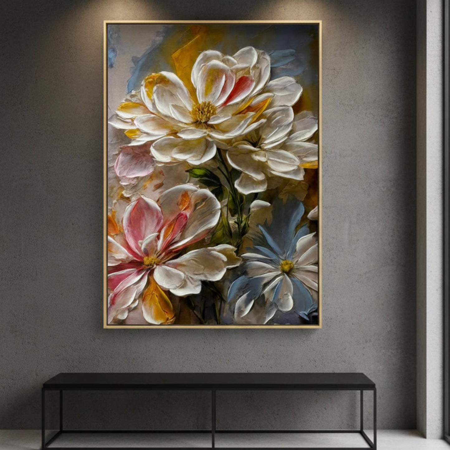 Textured Floral Painting, Impasto Palette Knife Art, Modern White Flower Canvas