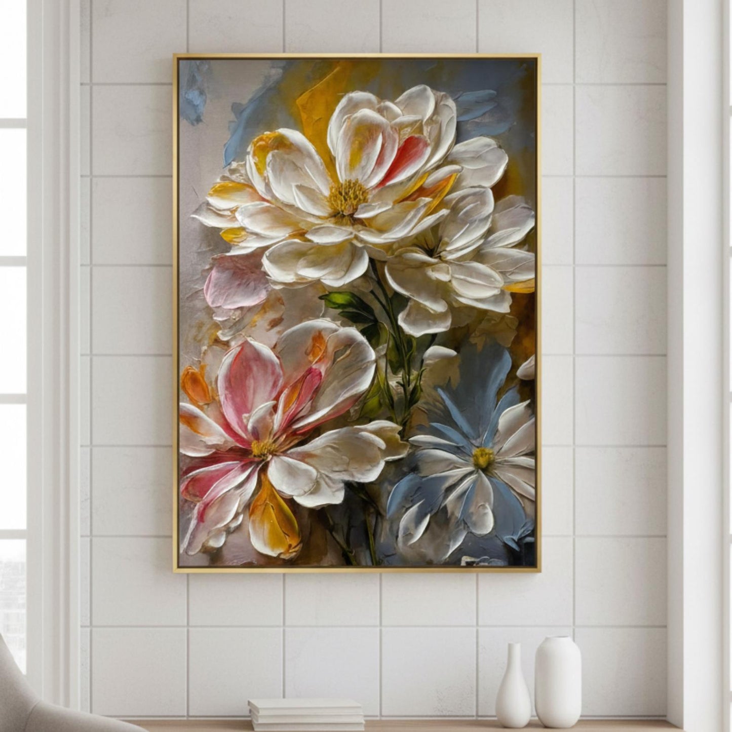Textured Floral Painting, Impasto Palette Knife Art, Modern White Flower Canvas