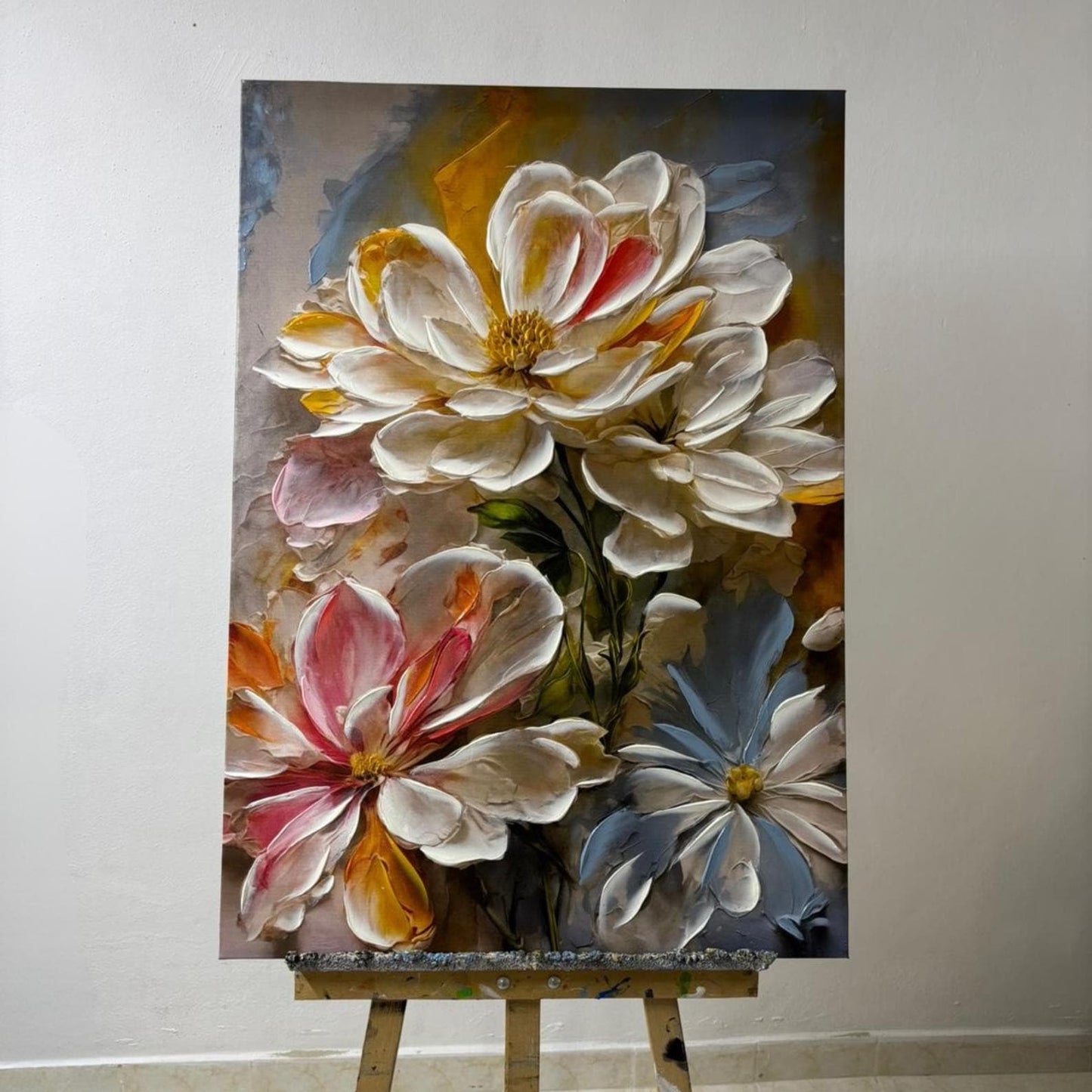 Textured Floral Painting, Impasto Palette Knife Art, Modern White Flower Canvas