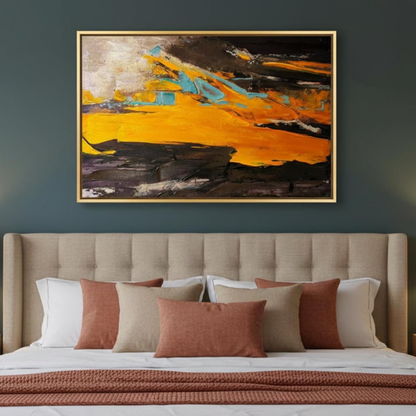 Textured Abstract Painting, Gold, Orange, Turquoise Impasto Canvas