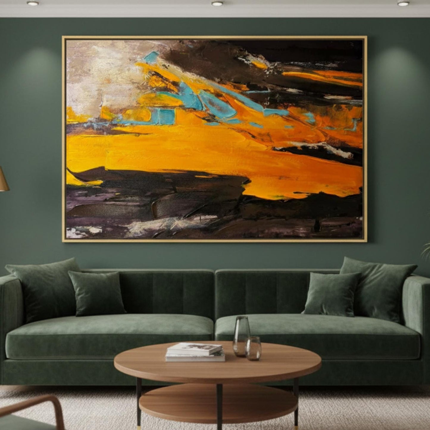Textured Abstract Painting, Gold, Orange, Turquoise Impasto Canvas