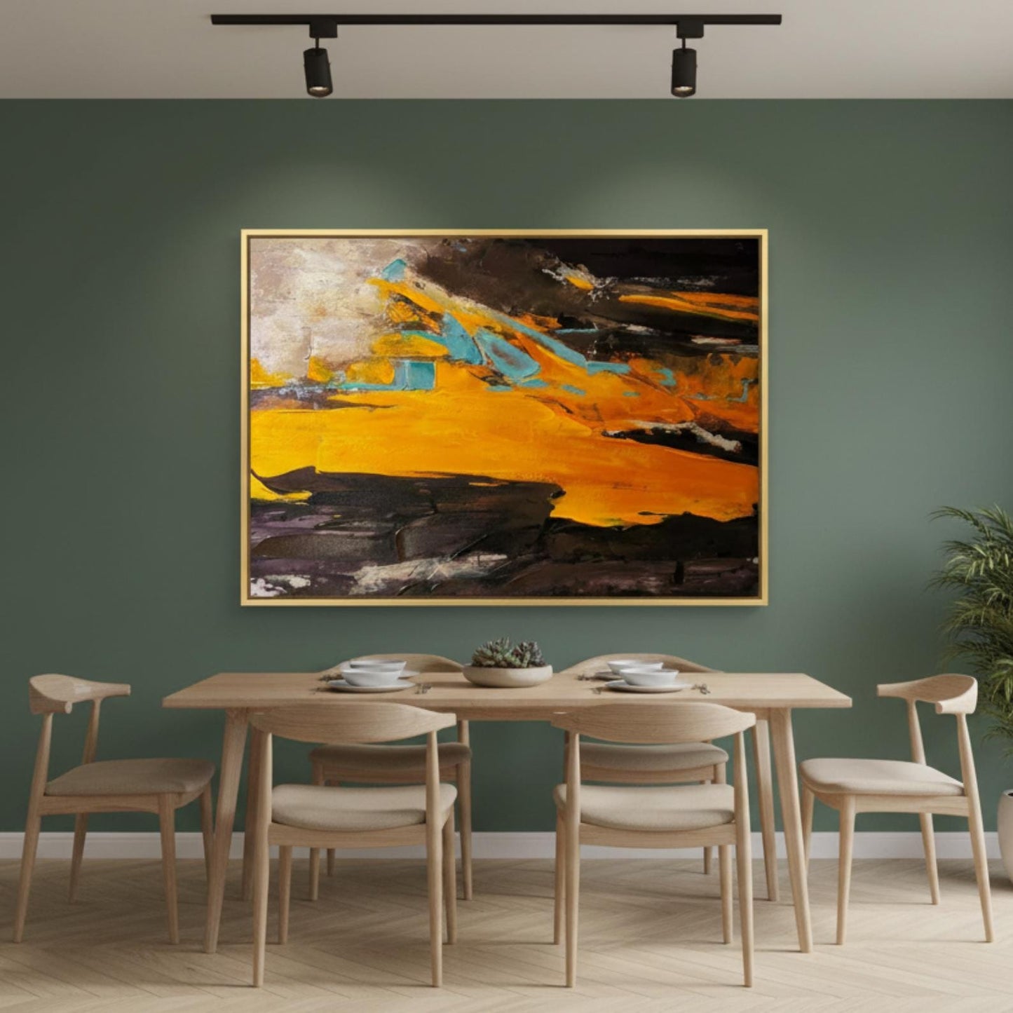 Textured Abstract Painting, Gold, Orange, Turquoise Impasto Canvas