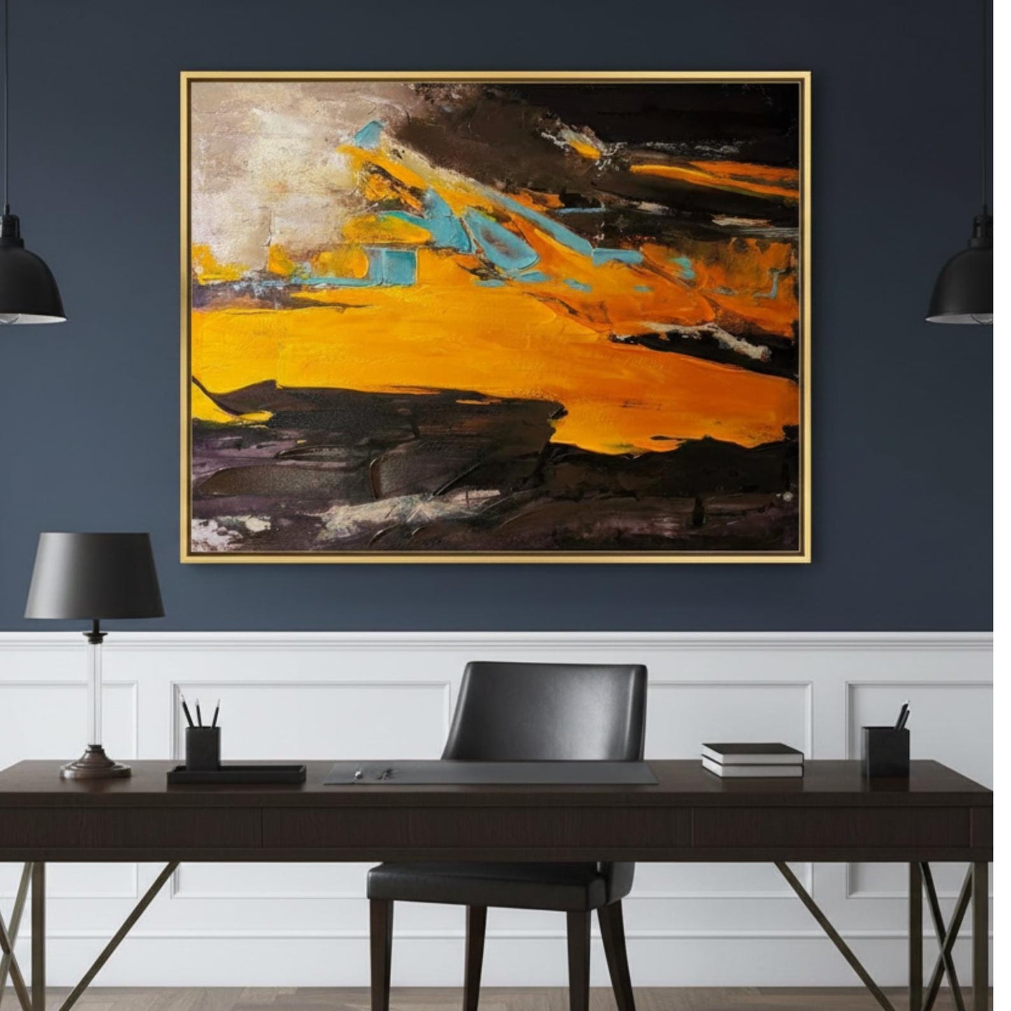 Textured Abstract Painting, Gold, Orange, Turquoise Impasto Canvas
