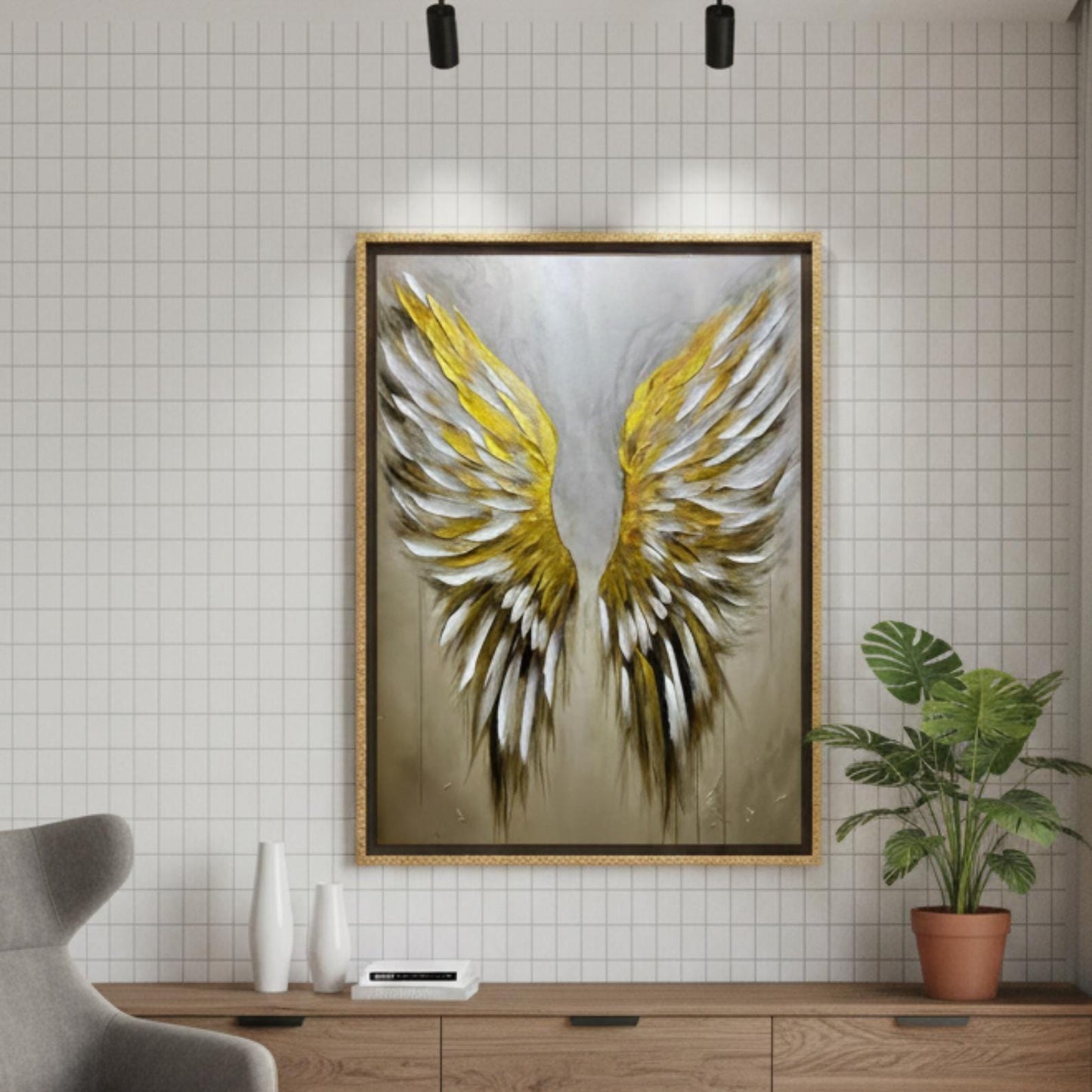 Textured Gold Angel Wings Painting, Impasto Neutral Wall Art, Modern Canvas Home Decor