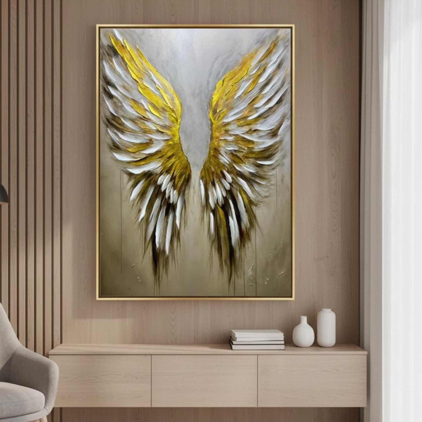 Textured Gold Angel Wings Painting, Impasto Neutral Wall Art, Modern Canvas Home Decor