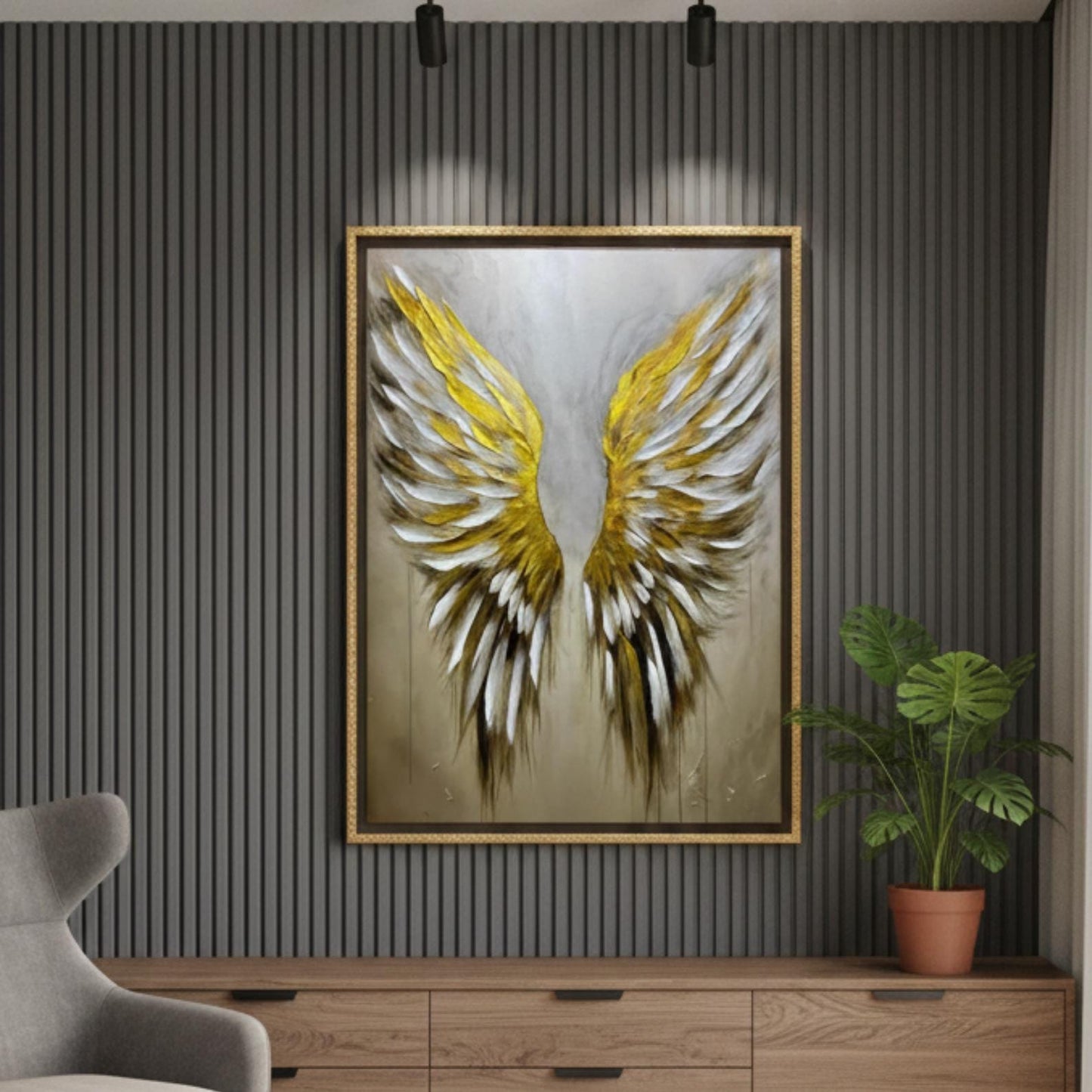Textured Gold Angel Wings Painting, Impasto Neutral Wall Art, Modern Canvas Home Decor