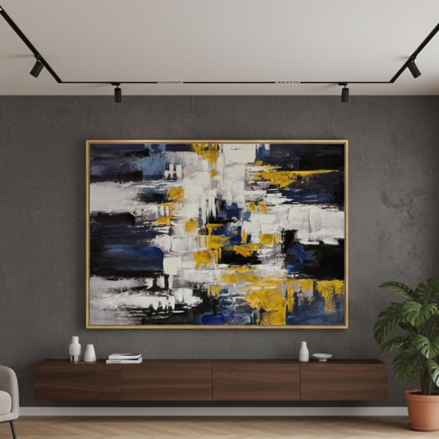 Textured Abstract Painting, Blue, White, Gold Palette Knife Canvas Art
