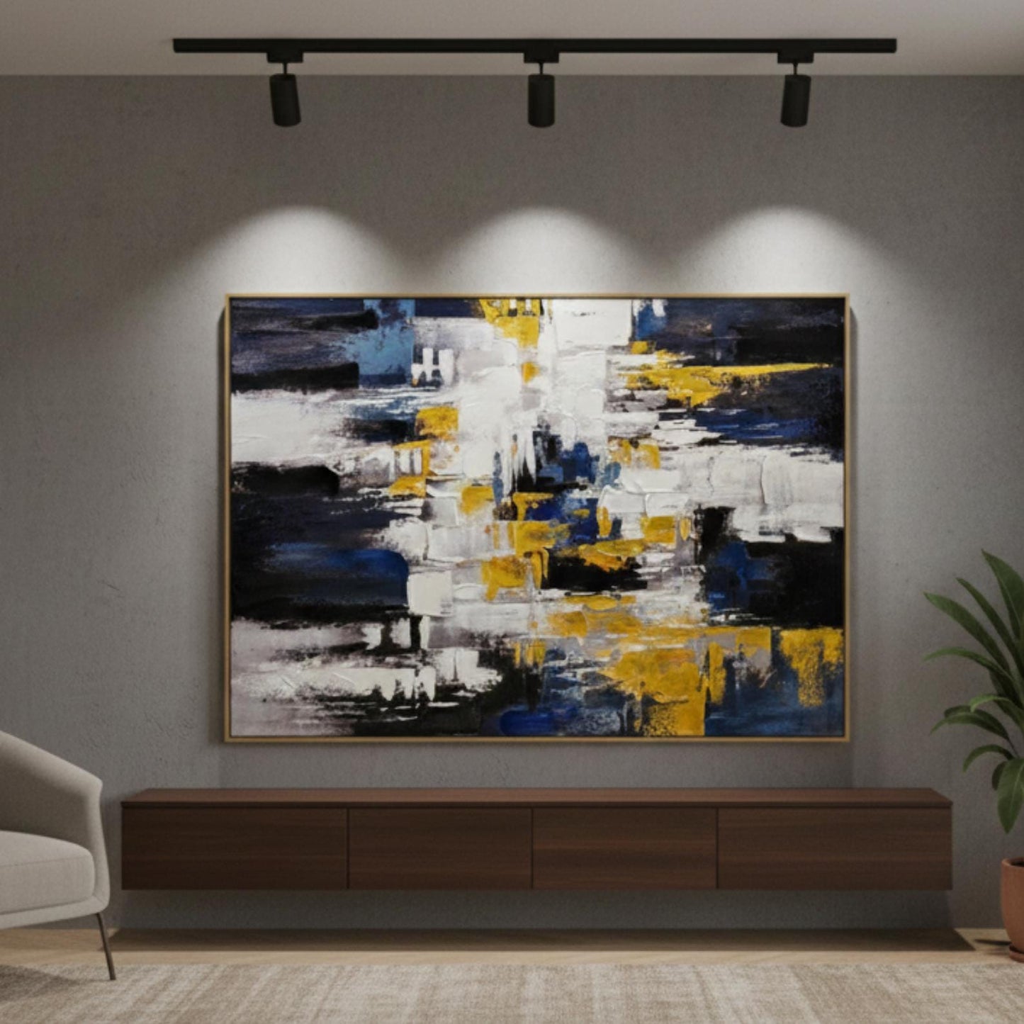 Textured Abstract Painting, Blue, White, Gold Palette Knife Canvas Art