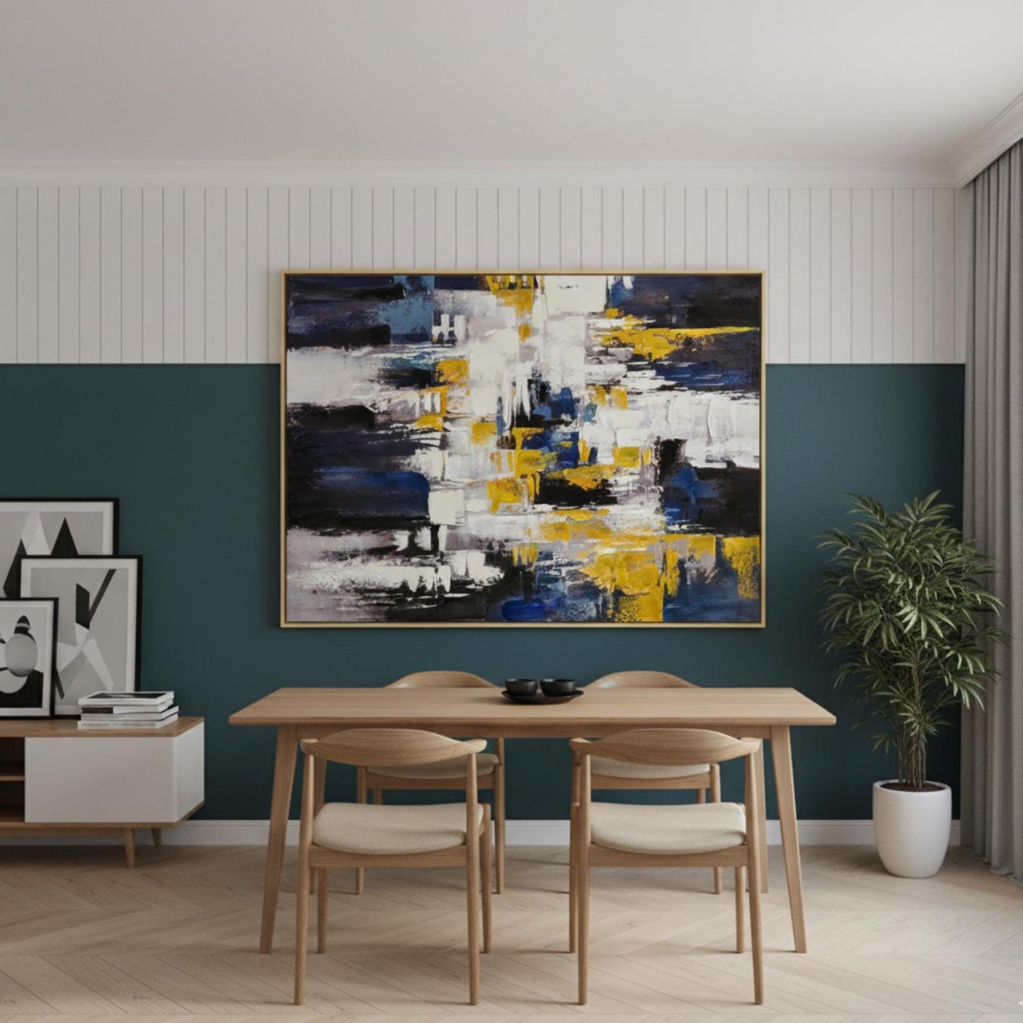 Textured Abstract Painting, Blue, White, Gold Palette Knife Canvas Art
