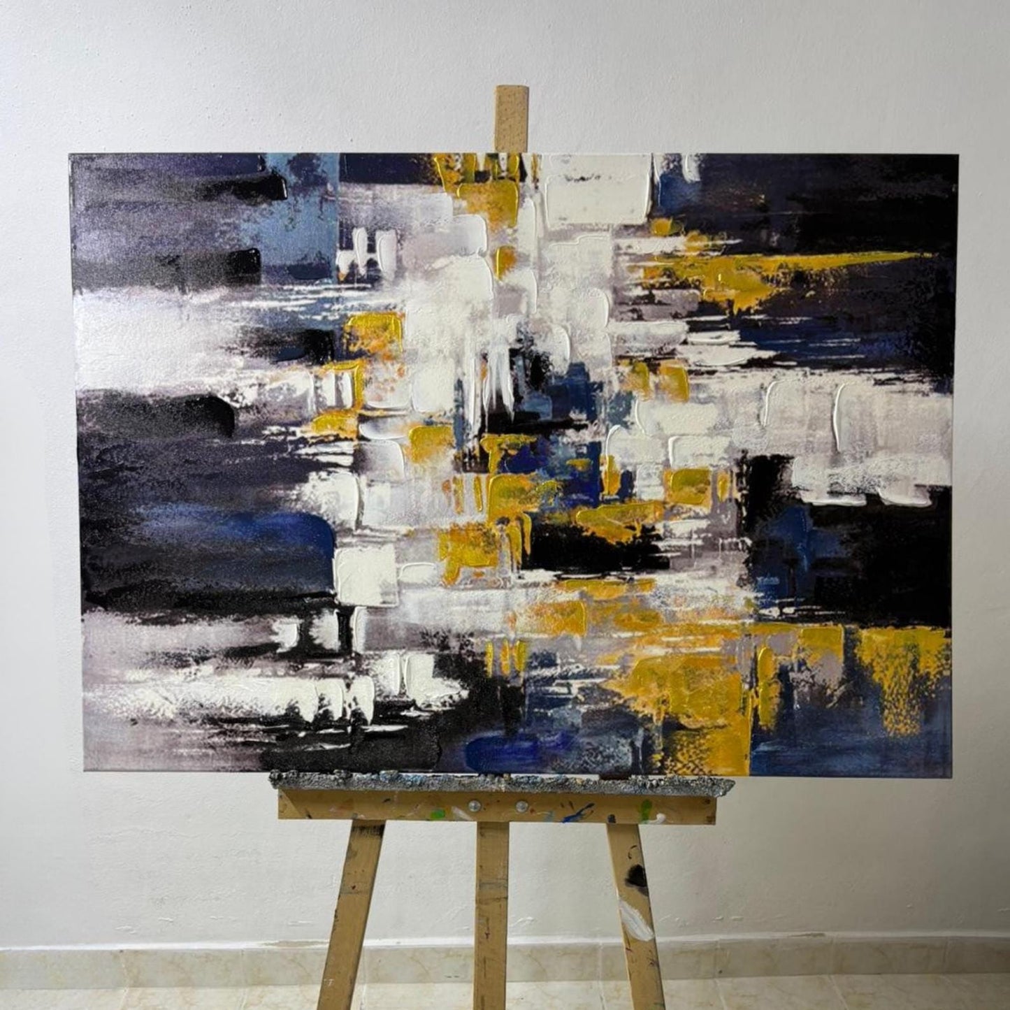 Textured Abstract Painting, Blue, White, Gold Palette Knife Canvas Art