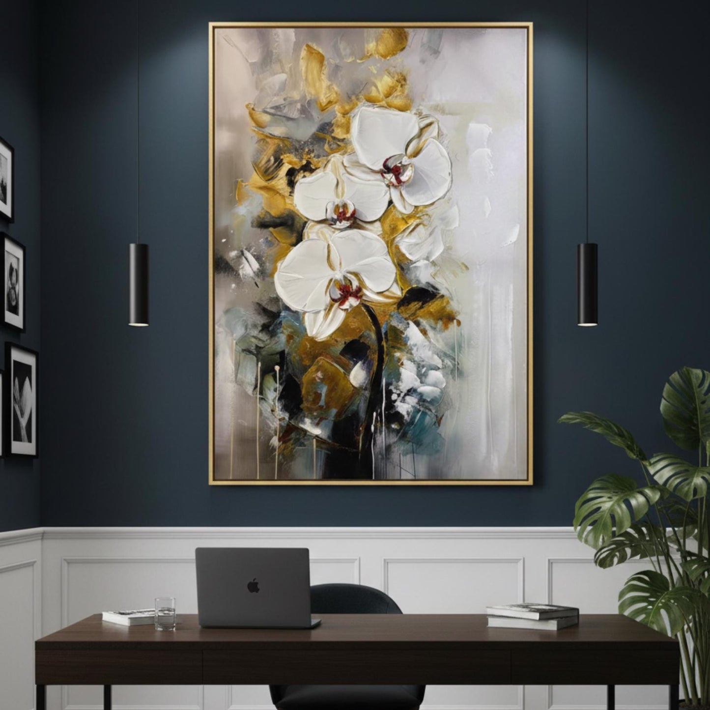 Hand-Painted White Orchid Canvas Art, Gold Accent Floral Painting