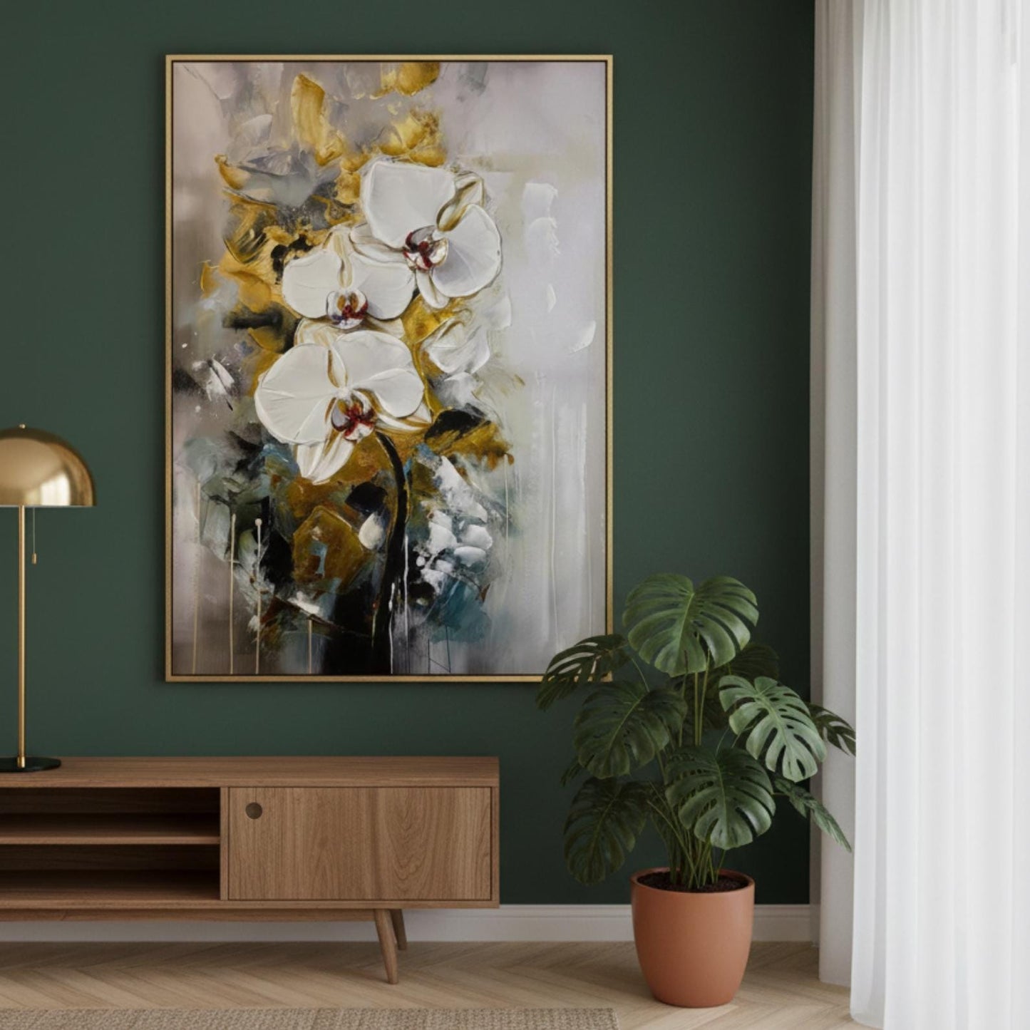 Hand-Painted White Orchid Canvas Art, Gold Accent Floral Painting