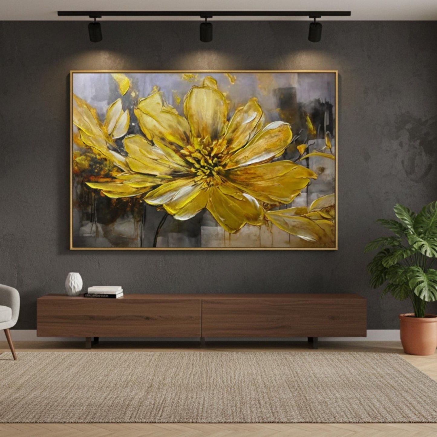 Golden Floral Impasto Painting, Textured Flower Canvas Art