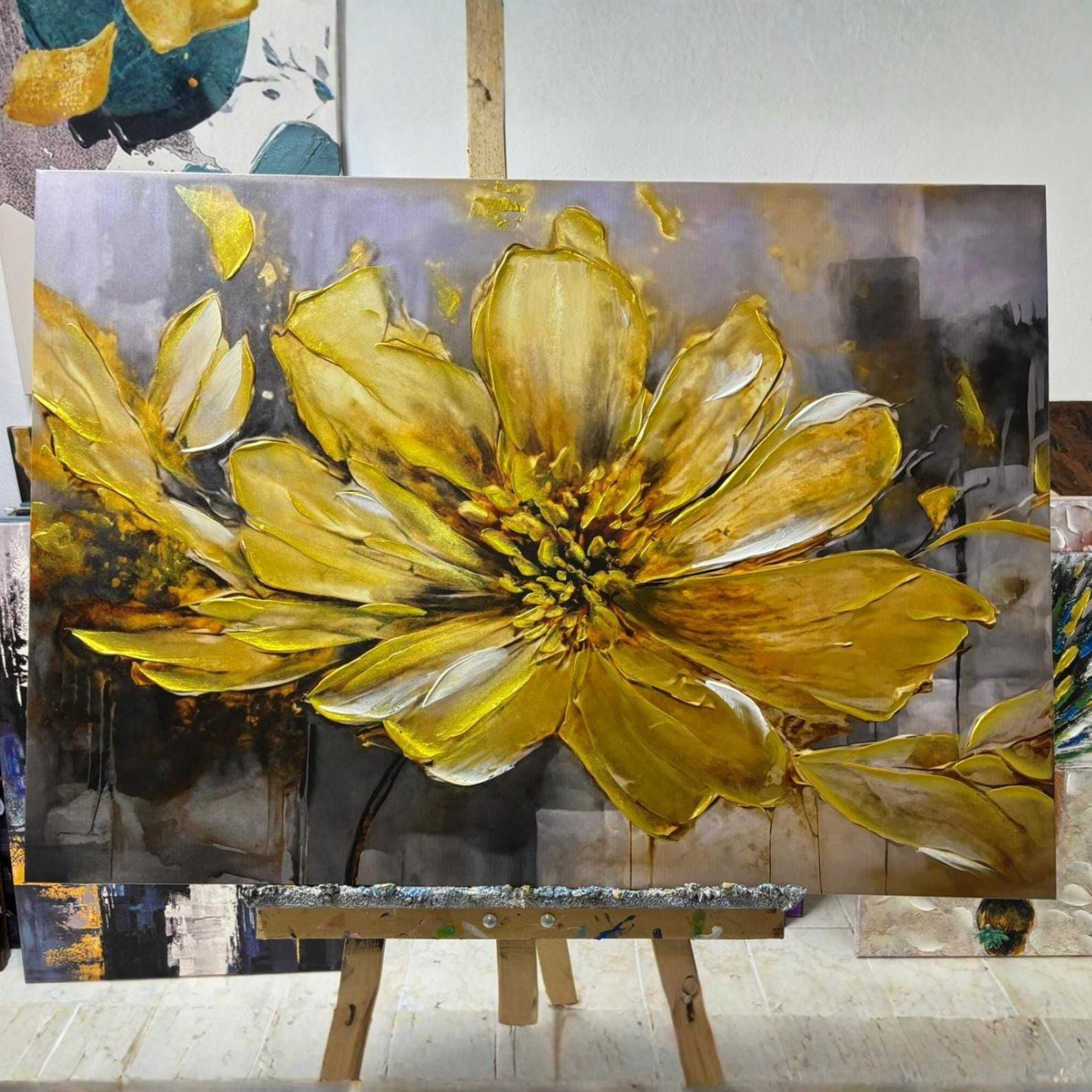 Golden Floral Impasto Painting, Textured Flower Canvas Art