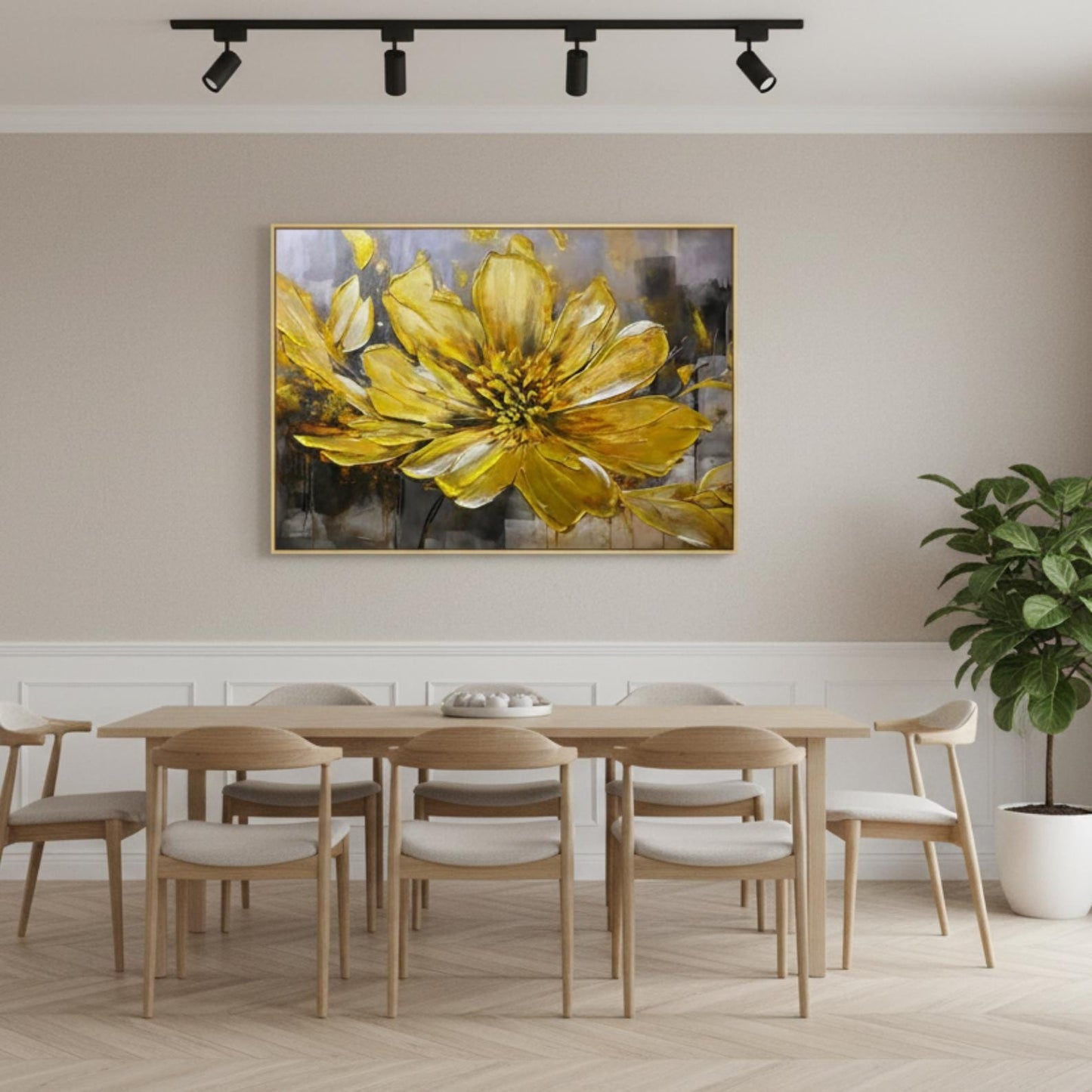 Golden Floral Impasto Painting, Textured Flower Canvas Art