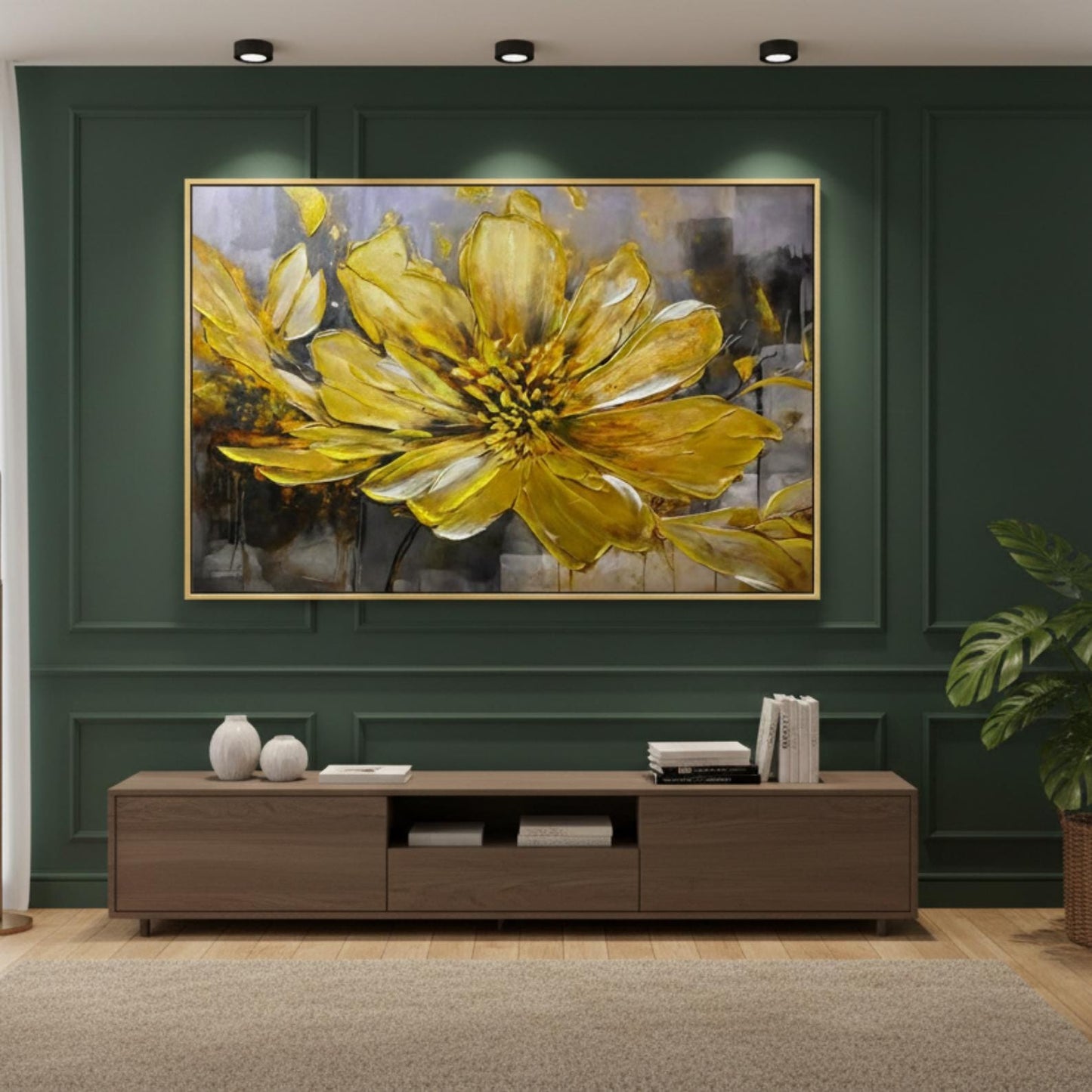 Golden Floral Impasto Painting, Textured Flower Canvas Art