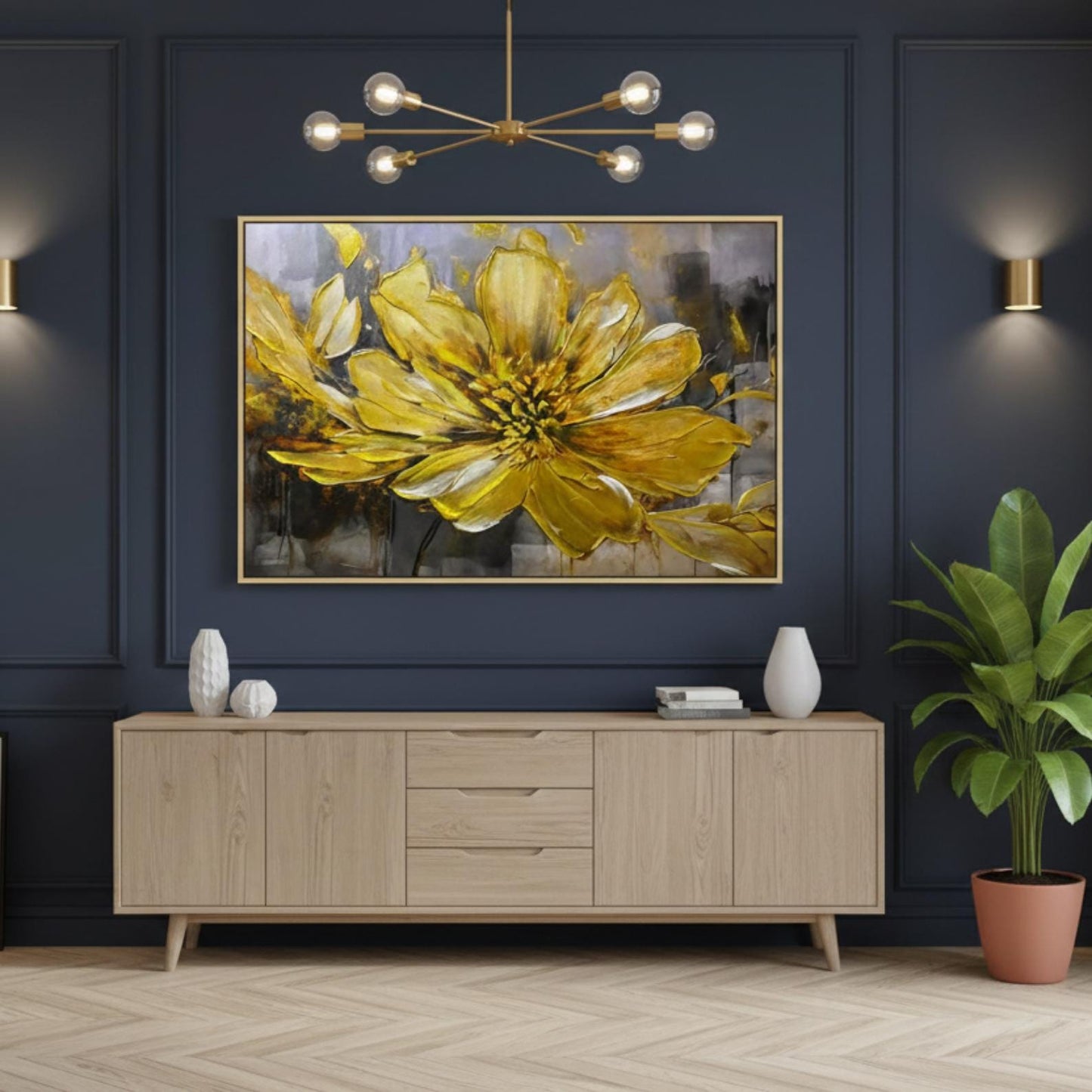 Golden Floral Impasto Painting, Textured Flower Canvas Art