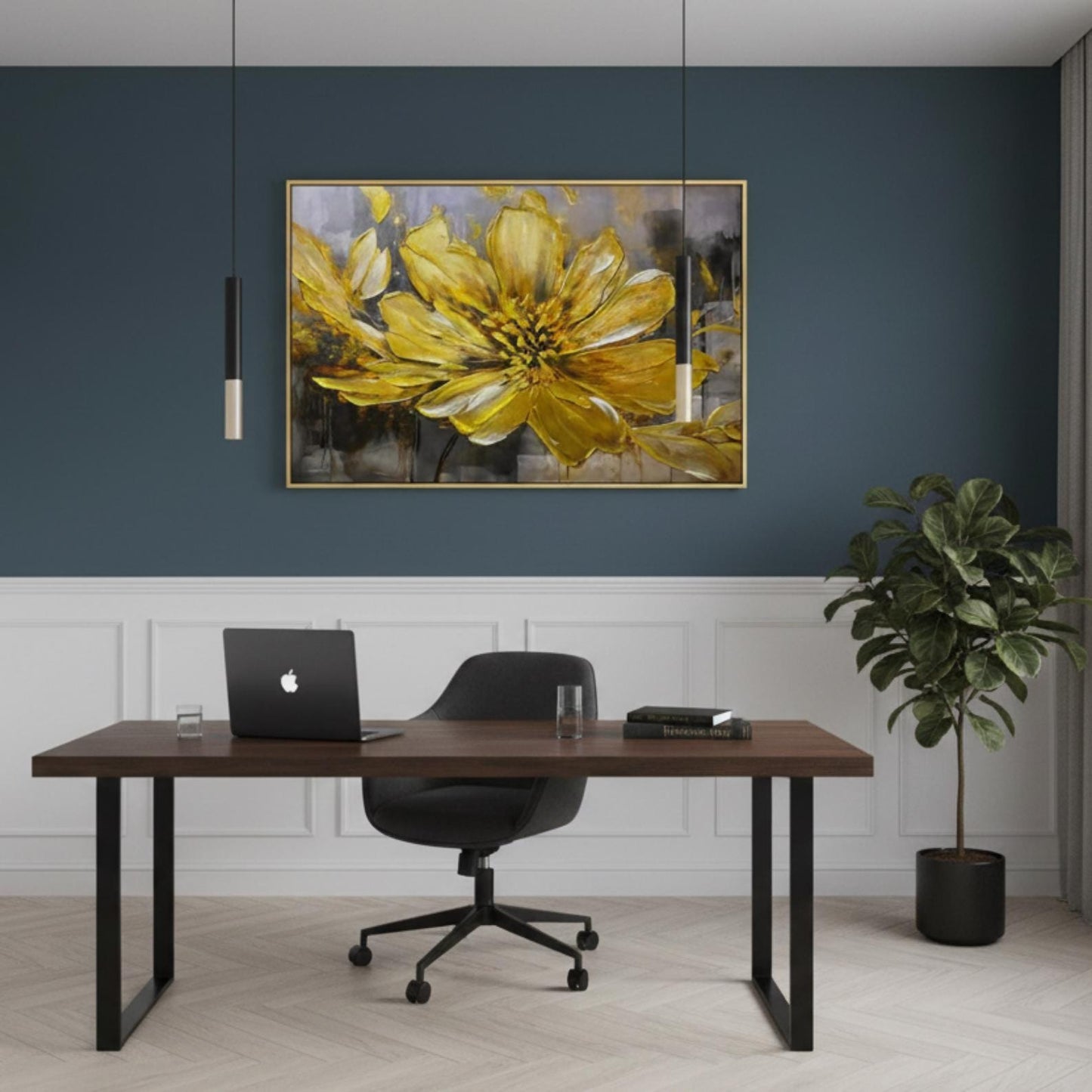 Golden Floral Impasto Painting, Textured Flower Canvas Art