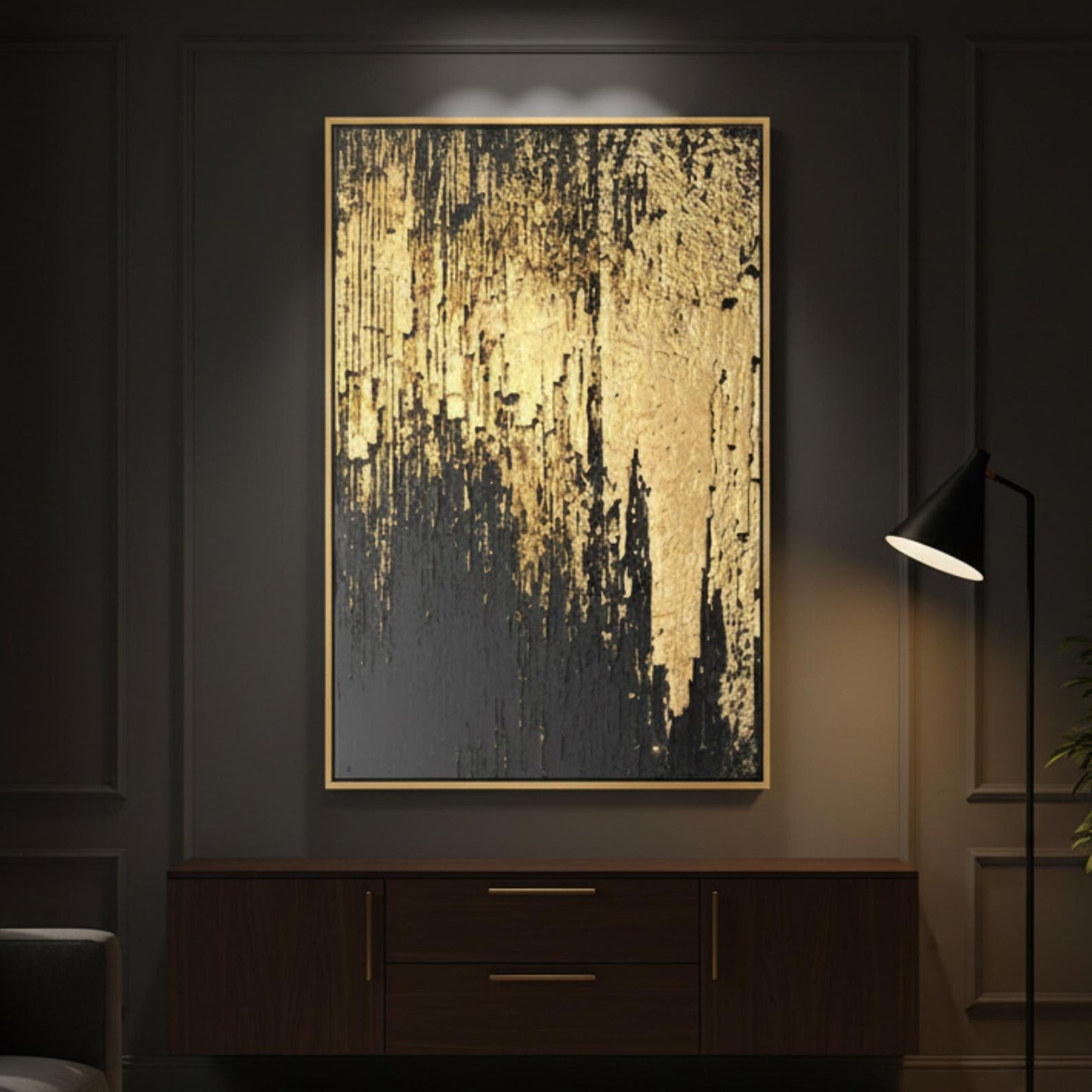 Black and Gold Abstract Painting, Textured Minimalist Wall Art, Luxury Modern Statement Canvas for Home Decor