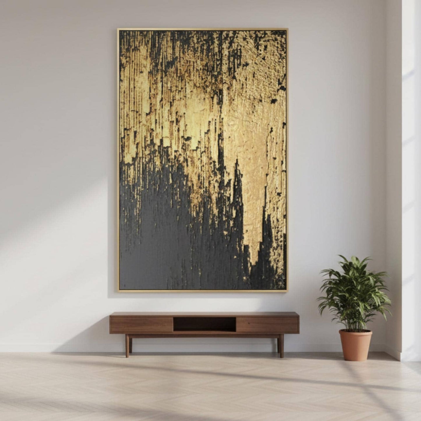 Black and Gold Abstract Painting, Textured Minimalist Wall Art, Luxury Modern Statement Canvas for Home Decor