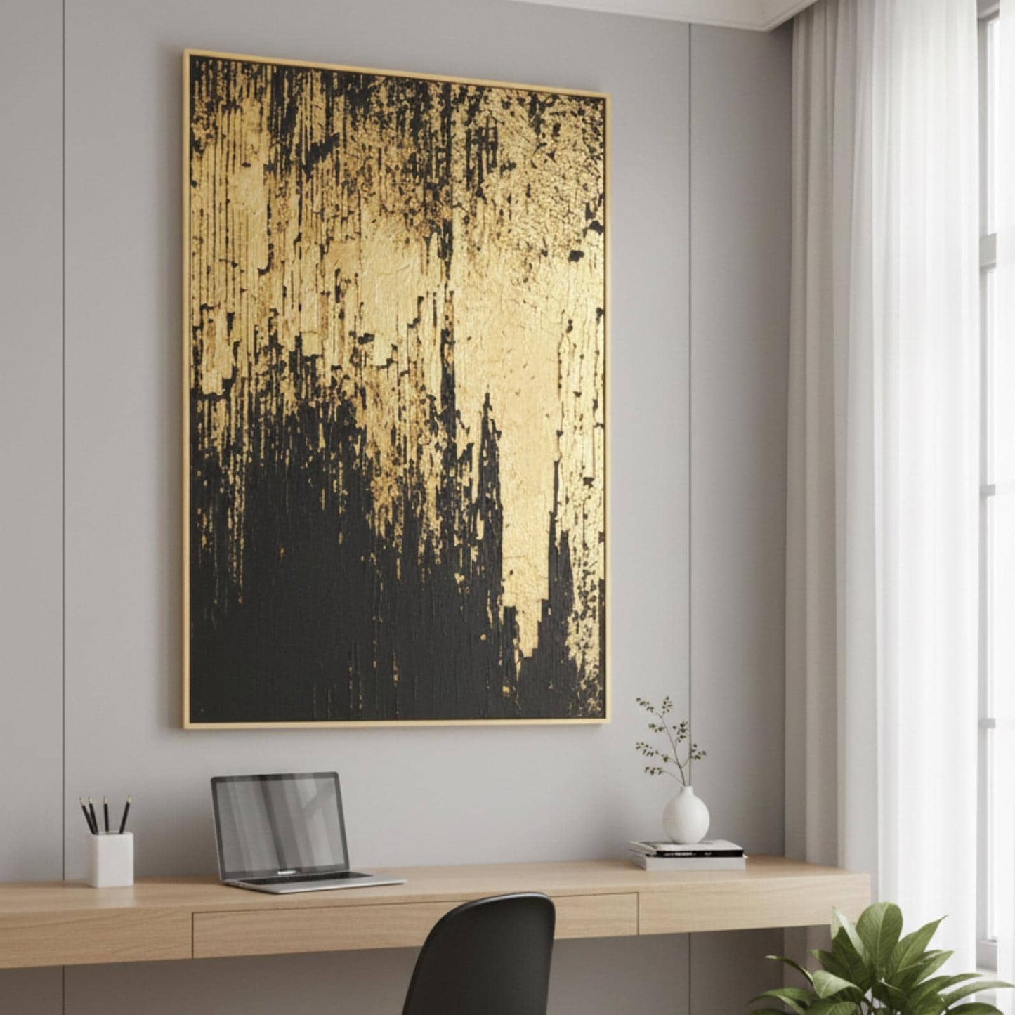Black and Gold Abstract Painting, Textured Minimalist Wall Art, Luxury Modern Statement Canvas for Home Decor