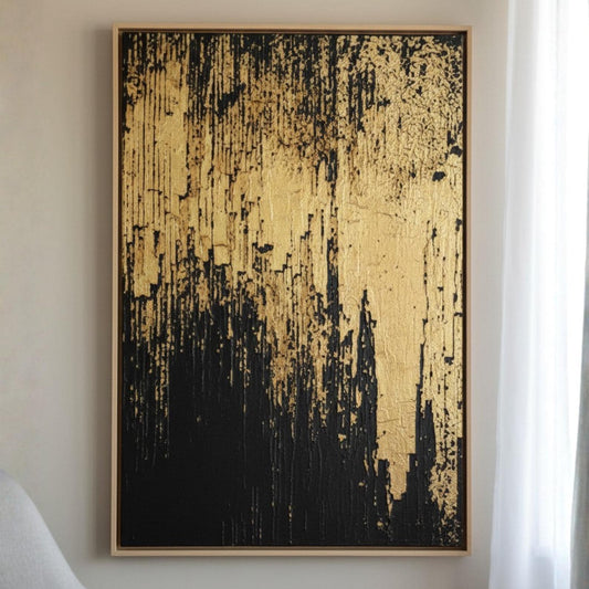 Black and Gold Abstract Painting, Textured Minimalist Wall Art, Luxury Modern Statement Canvas for Home Decor