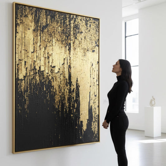Black and Gold Abstract Painting, Textured Minimalist Wall Art, Luxury Modern Statement Canvas for Home Decor