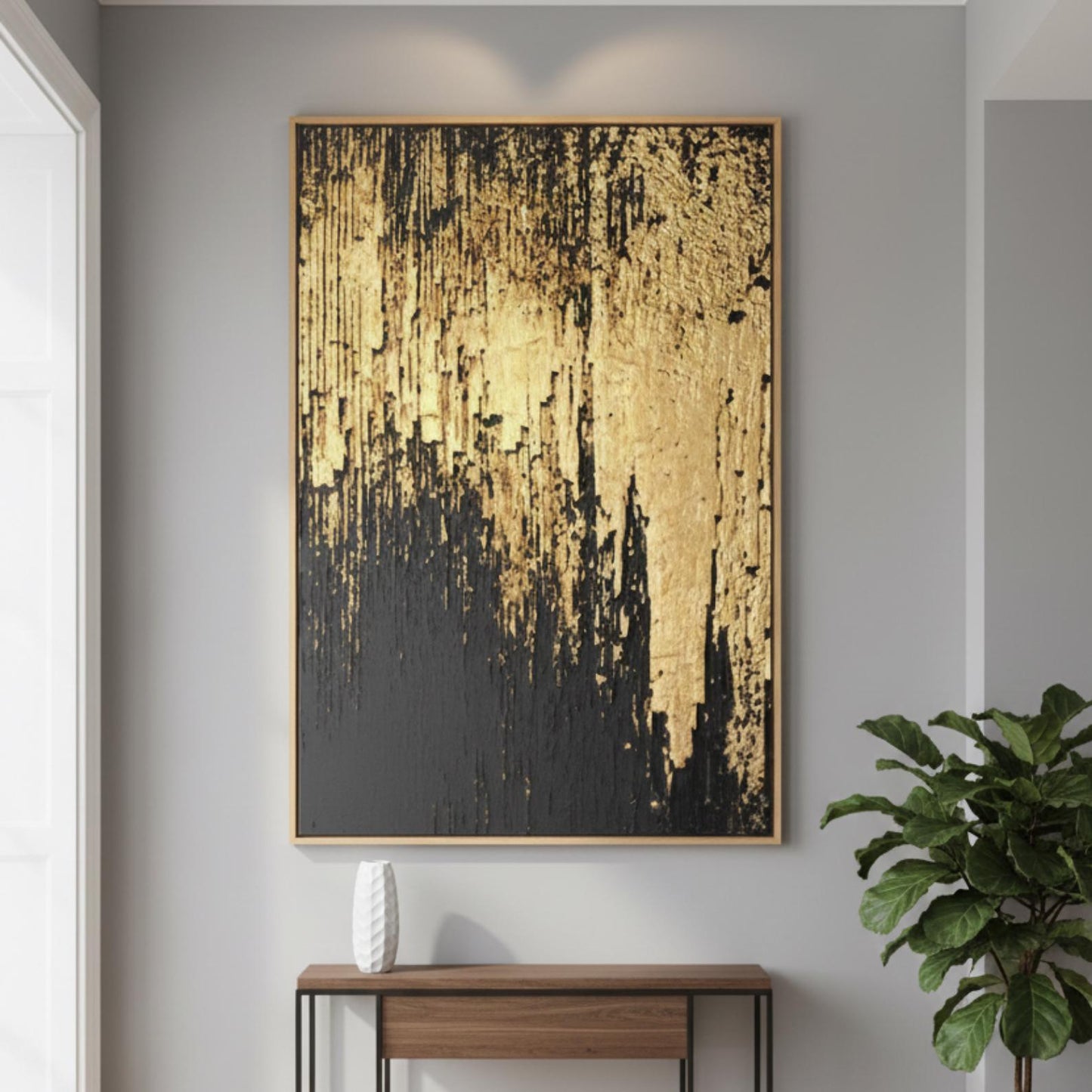 Black and Gold Abstract Painting, Textured Minimalist Wall Art, Luxury Modern Statement Canvas for Home Decor