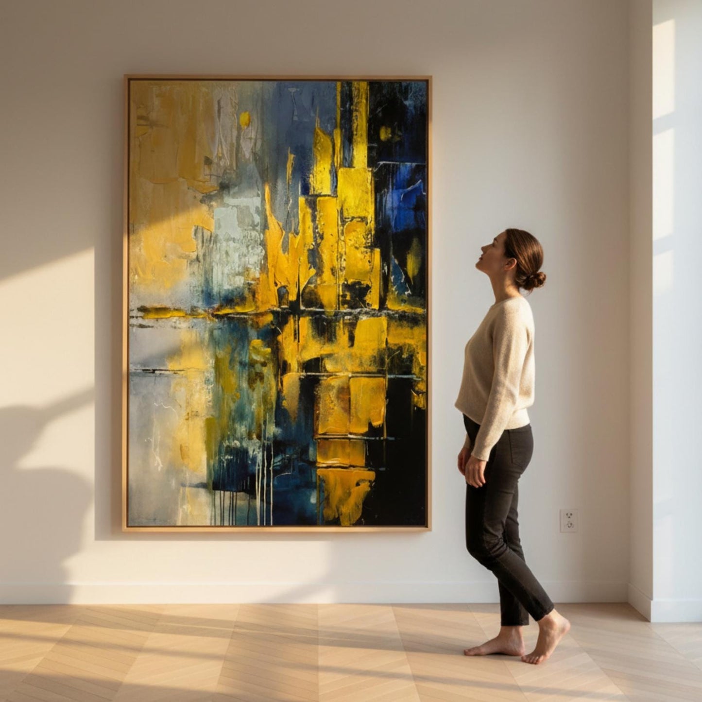 Gold and Blue Abstract Painting, Textured Impasto Canvas Art