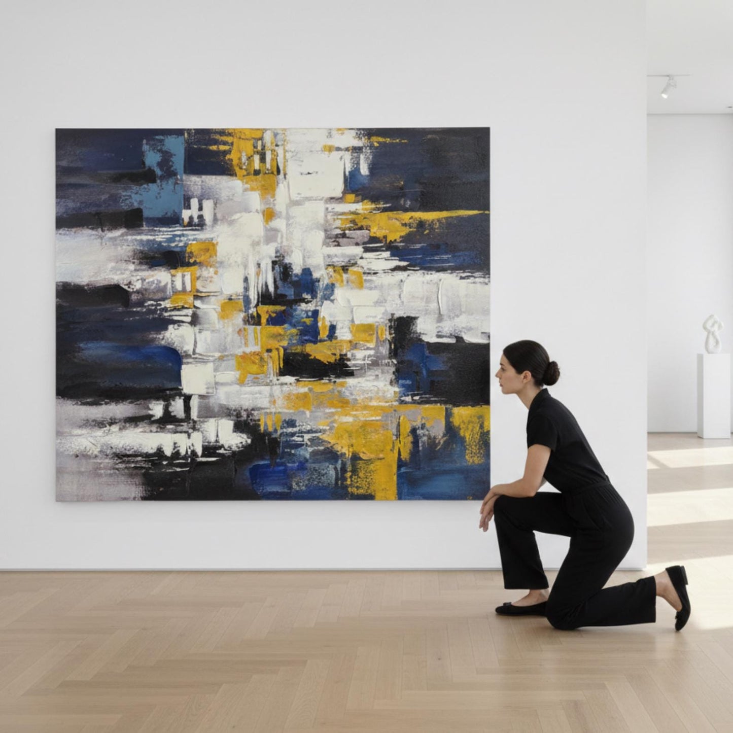 Textured Abstract Painting, Blue, White, Gold Palette Knife Canvas Art