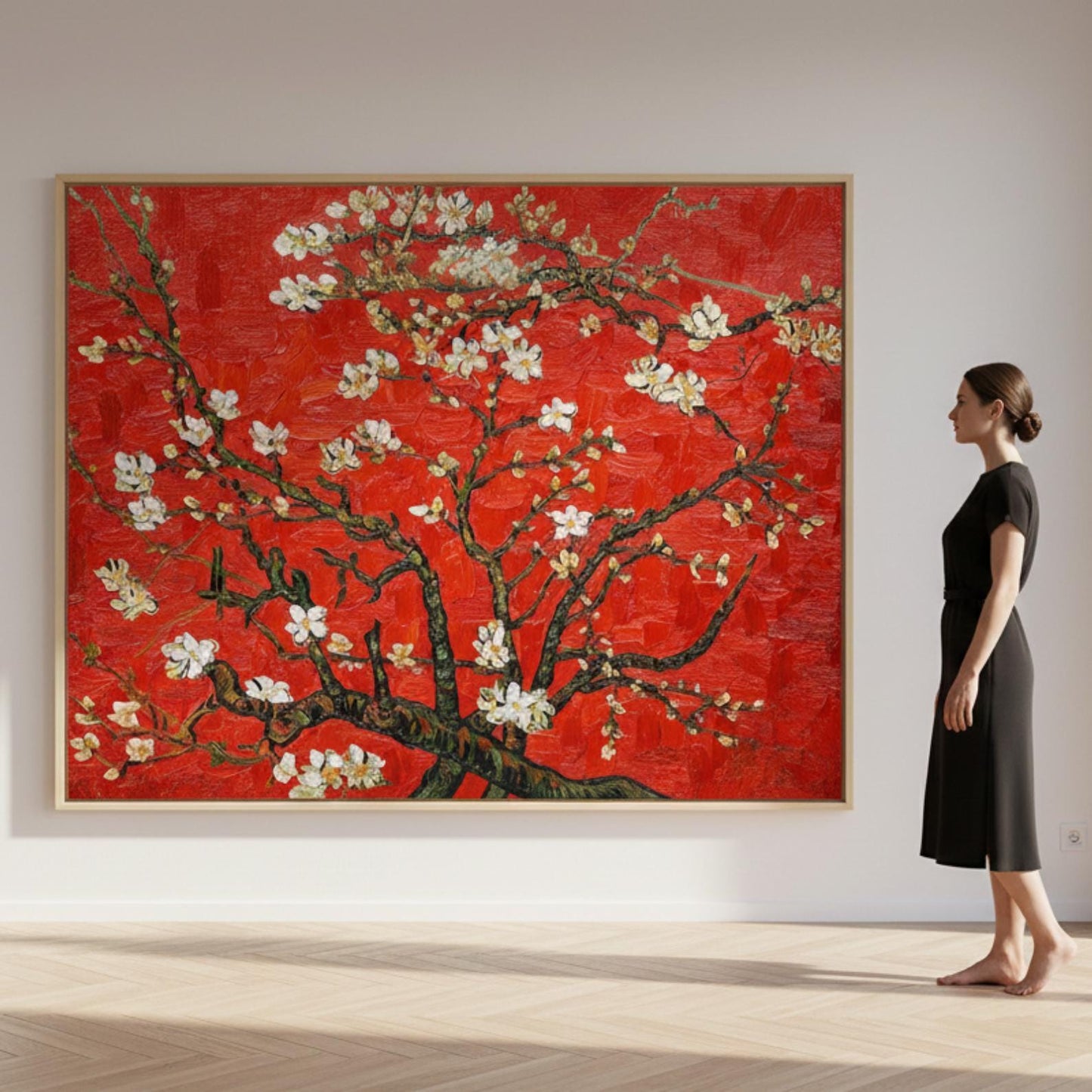 Textured Cherry Blossom Painting, Red Floral Tree Canvas Art, Asian Inspired Artwork