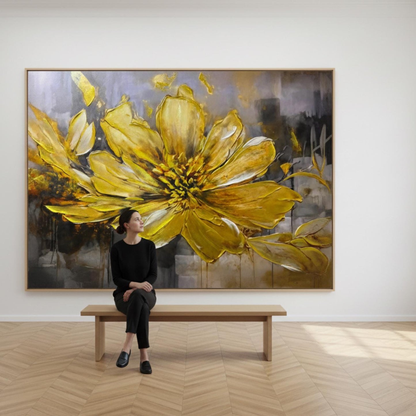 Golden Floral Impasto Painting, Textured Flower Canvas Art