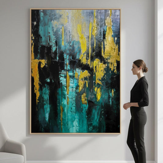 Abstract Gold & Teal Painting, Textured Modern Wall Art, Large Contemporary Canvas for Home Decor