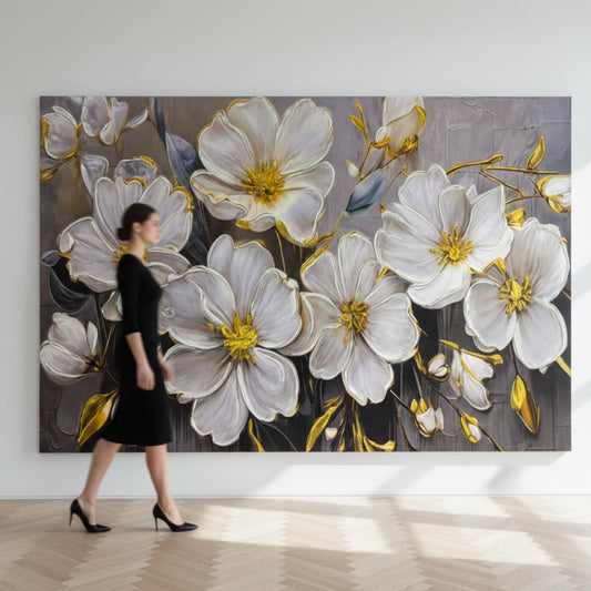 Textured Floral Painting, White & Gold Flower Wall Art, Impasto Canvas