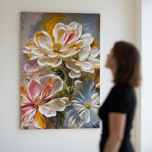 Textured Floral Painting, Impasto Palette Knife Art, Modern White Flower Canvas