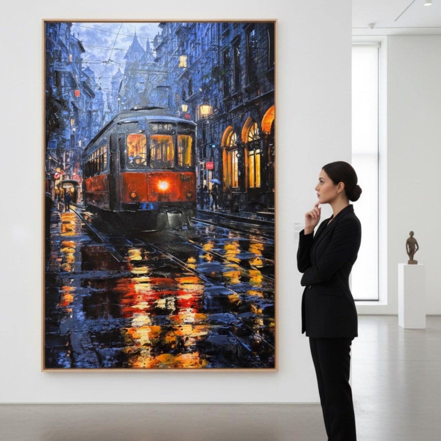 Textured Night City Tram Painting, Rainy Street Urban Landscape Canvas
