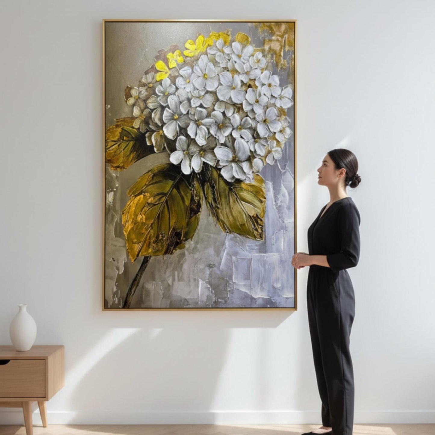 Textured White Floral Painting, Gold Leaf Botanical Canvas Art