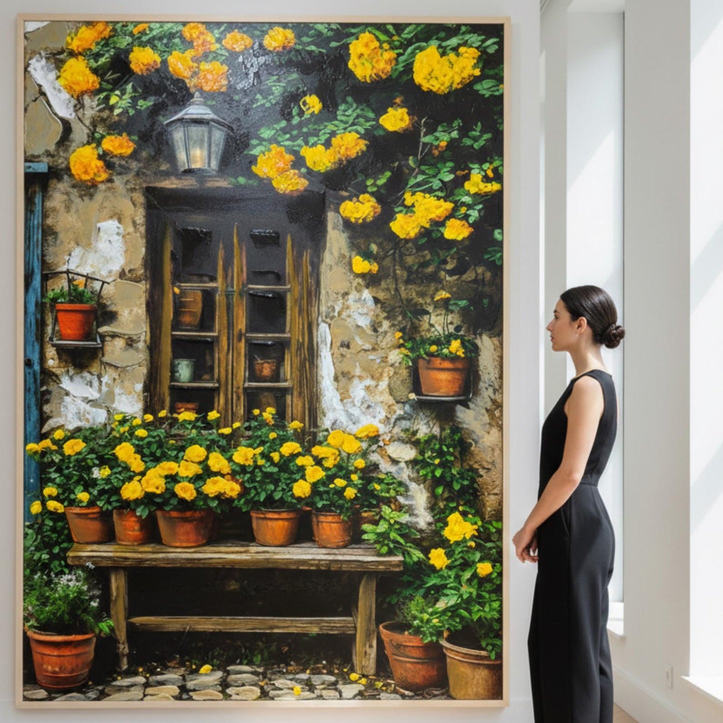 Hand-Painted Mediterranean Garden Window Oil Painting, Yellow Floral Rustic Canvas Wall Art