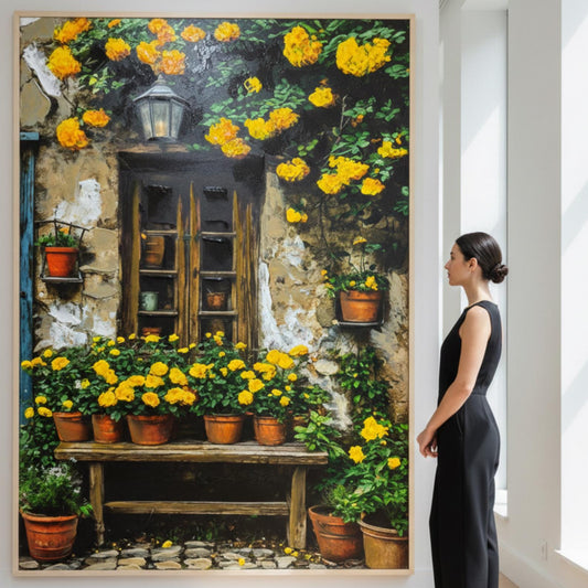 Hand-Painted Mediterranean Garden Window Oil Painting, Yellow Floral Rustic Canvas Wall Art
