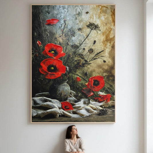 Red Poppy Oil Painting, Textured Floral Still Life, Vintage Wall Art
