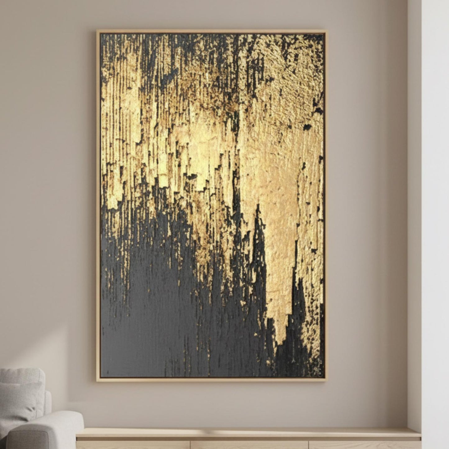Black and Gold Abstract Painting, Textured Minimalist Wall Art, Luxury Modern Statement Canvas for Home Decor