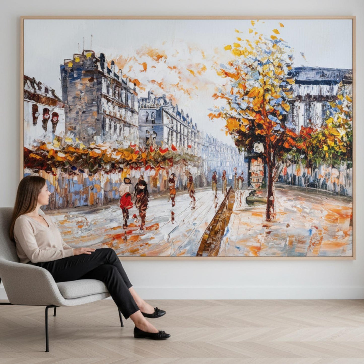 Textured Paris Street Painting, Autumn Cityscape, Palette Knife Canvas Art