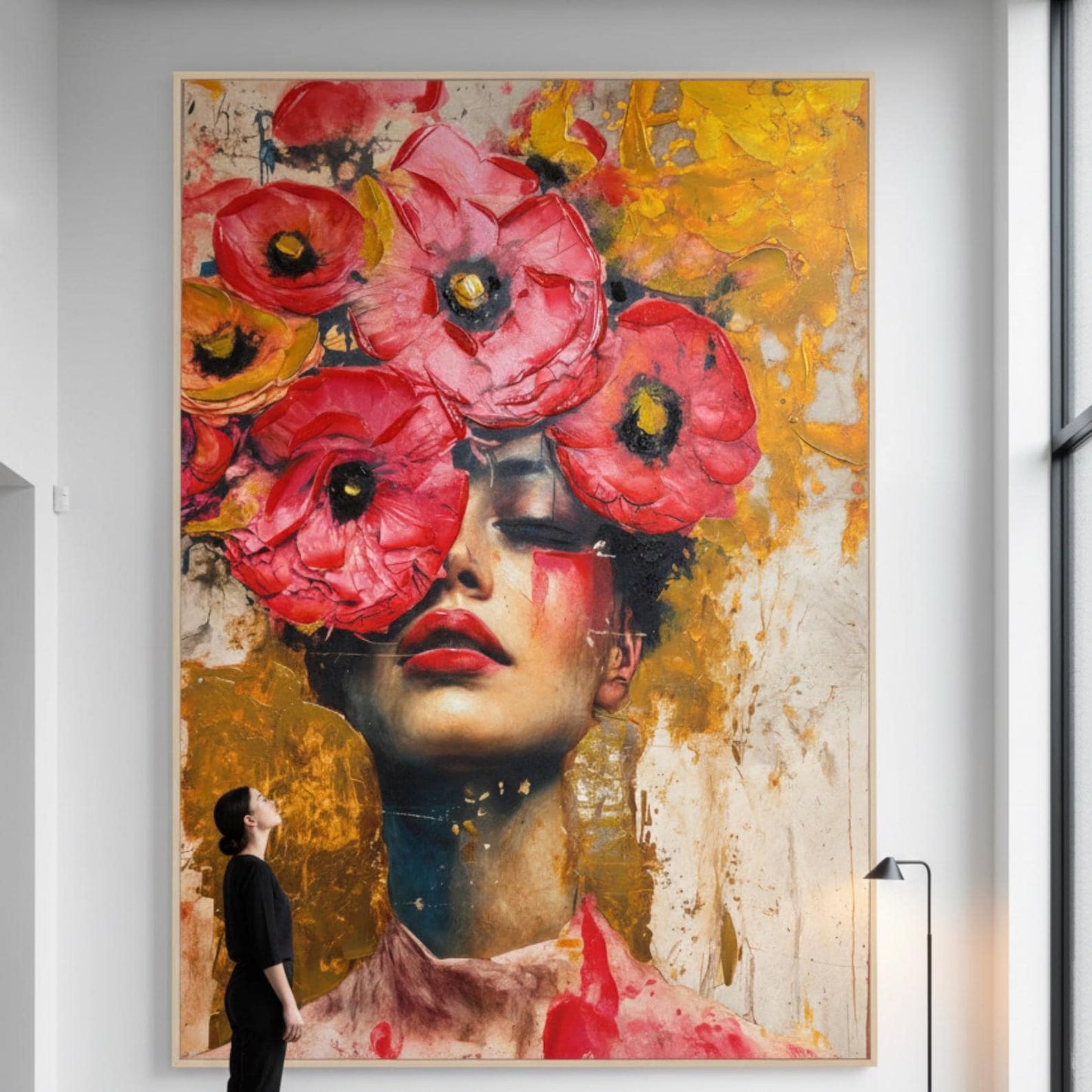Textured Floral Portrait Painting, Red Flower Woman Art, Modern Abstract Fashion Wall Art for Home Decor