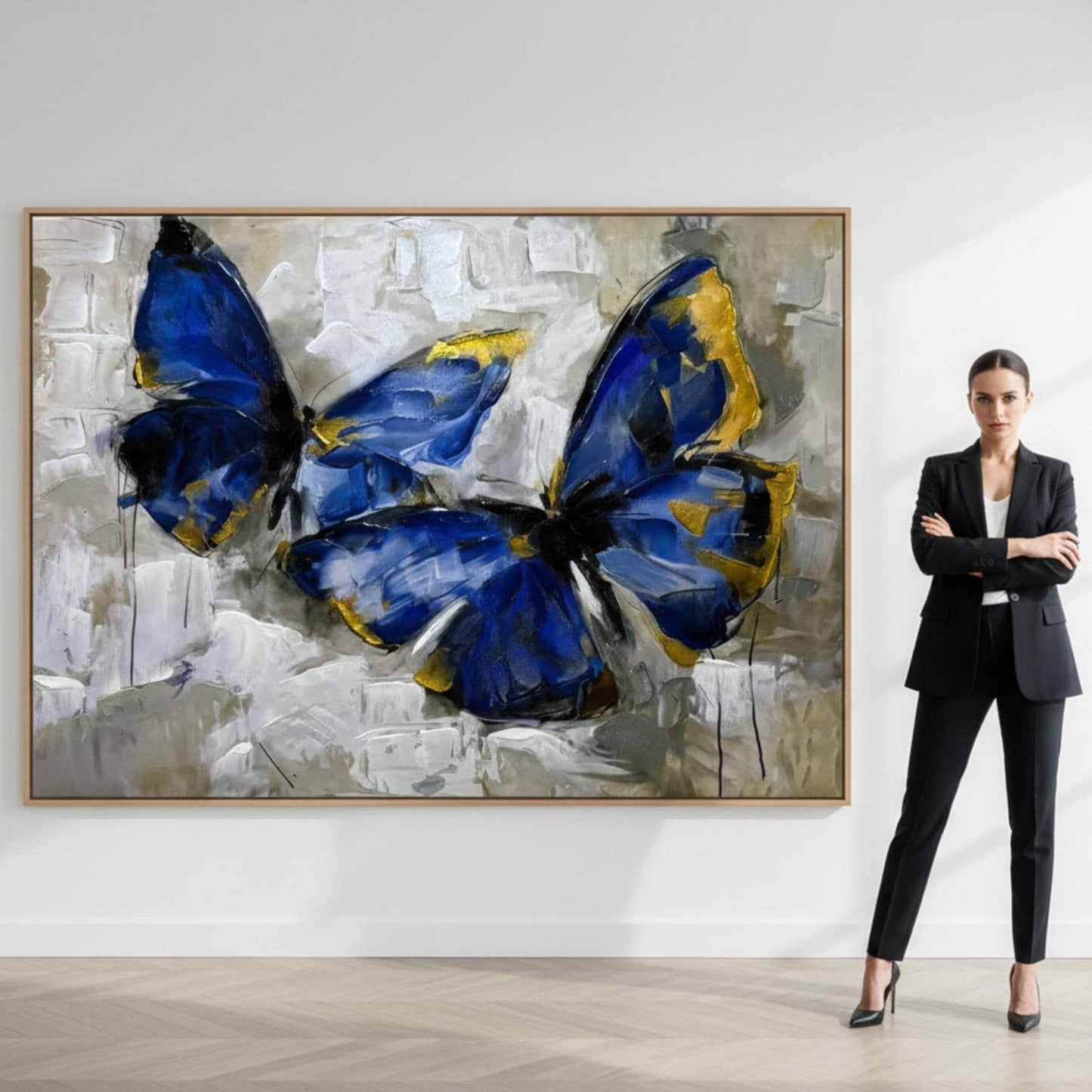 Blue Butterfly Painting, Gold Accents, Textured Impasto Art