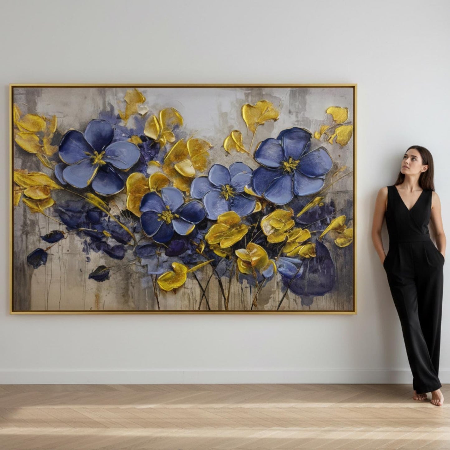 Blue and Gold Floral Impasto Painting, Modern Botanical Canvas Art