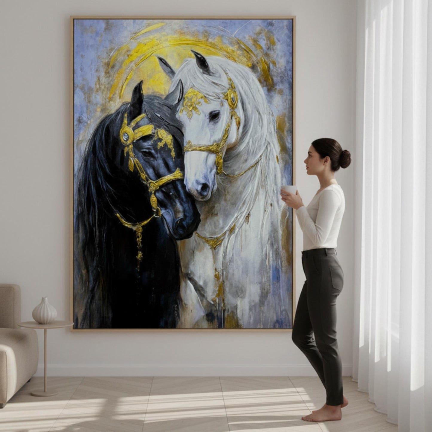 Textured Horse Painting, Black and White, Gold Accents, Modern Animal Canvas